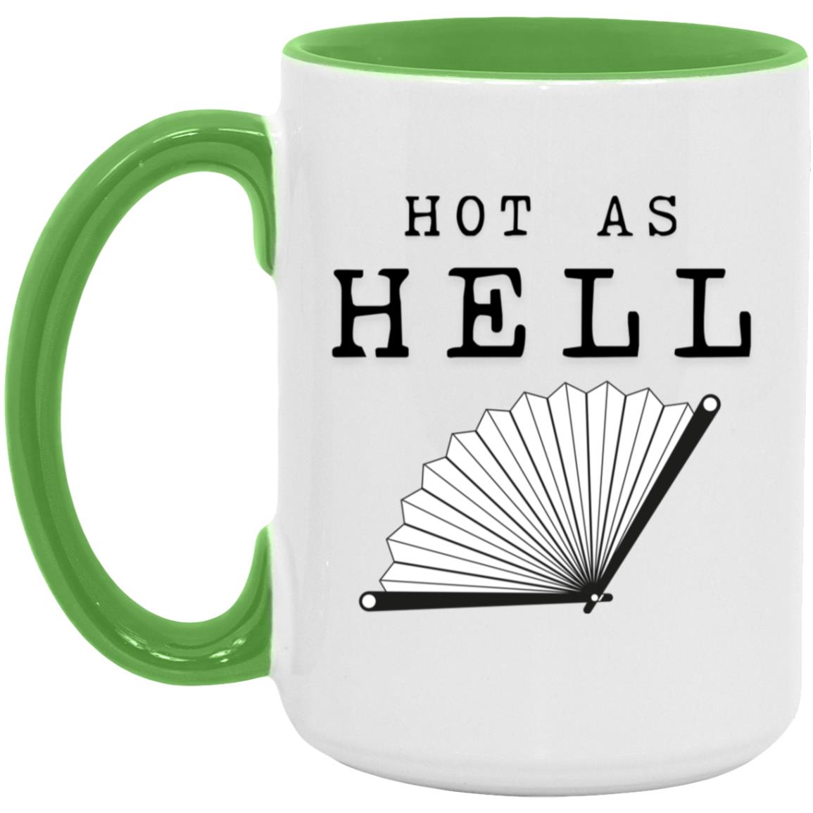 Hot As Hell hot flash menopause mug with folding fan illustration