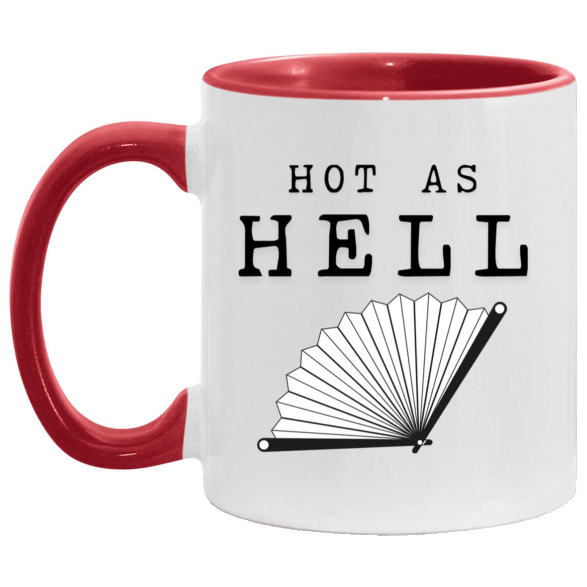 Hot As Hell hot flash menopause mug with folding fan illustration
