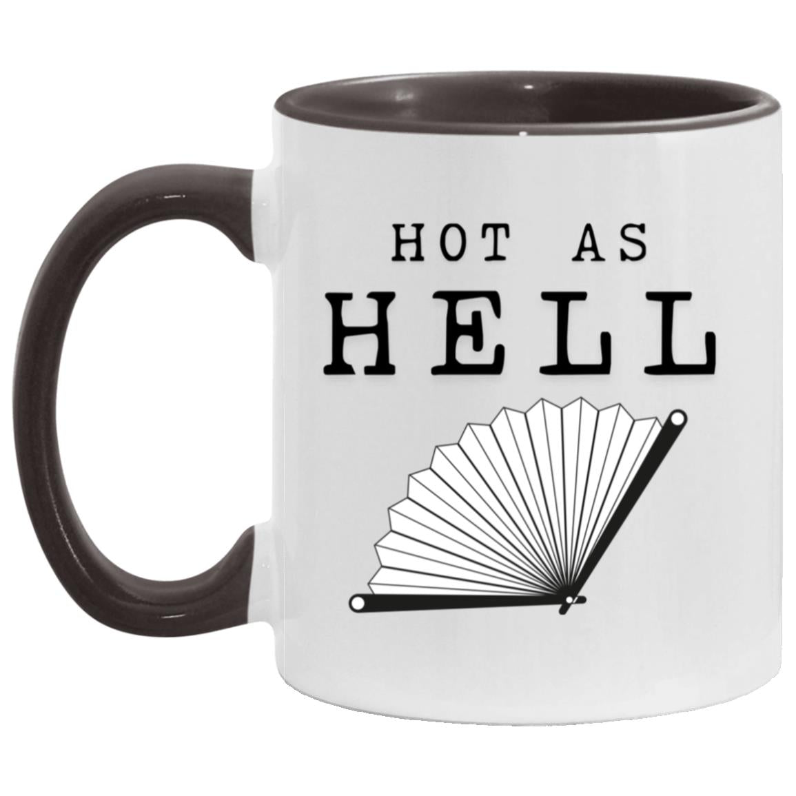Hot As Hell hot flash menopause mug with folding fan illustration