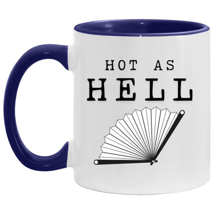 Hot As Hell hot flash menopause mug with folding fan illustration