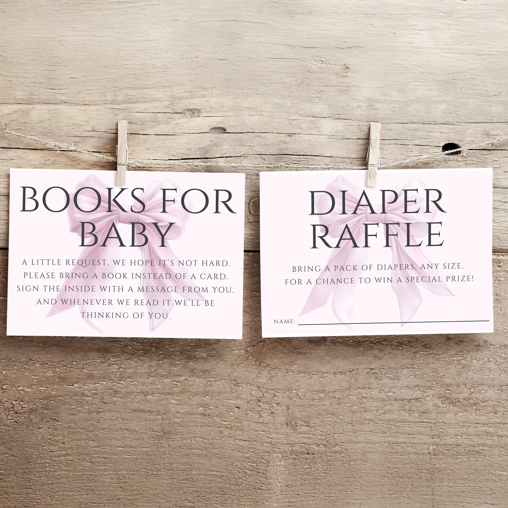 Editable Elegant Pink Bow Baby Shower Enclosure Cards Canva Template