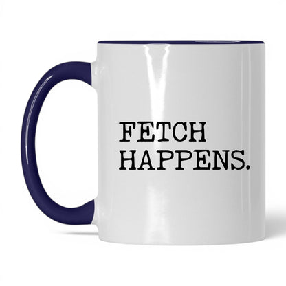 Fetch Happens 11oz white and midnight blue coffee mug