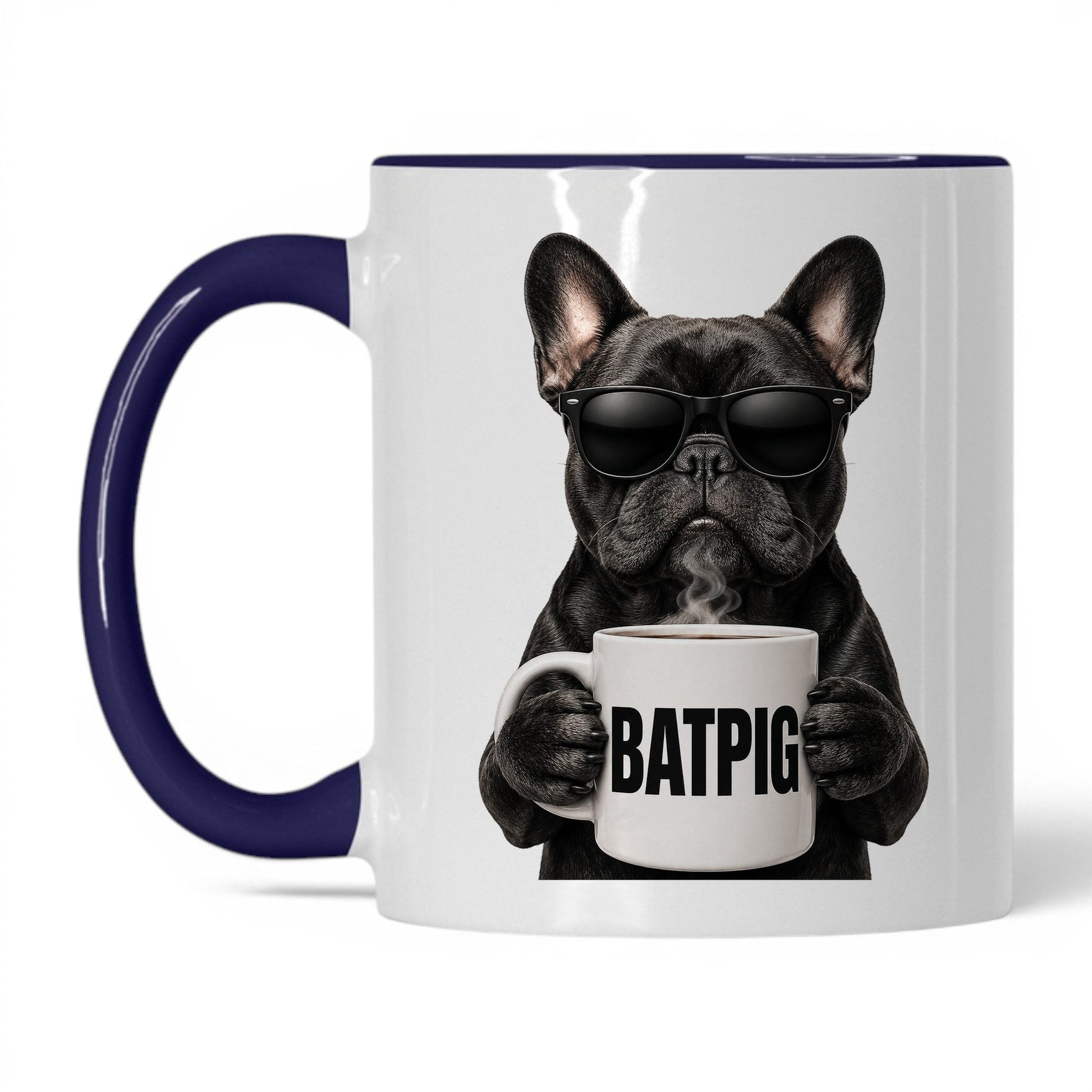 French Bulldog Batpig coffee mug — 11oz White Midnight Blue