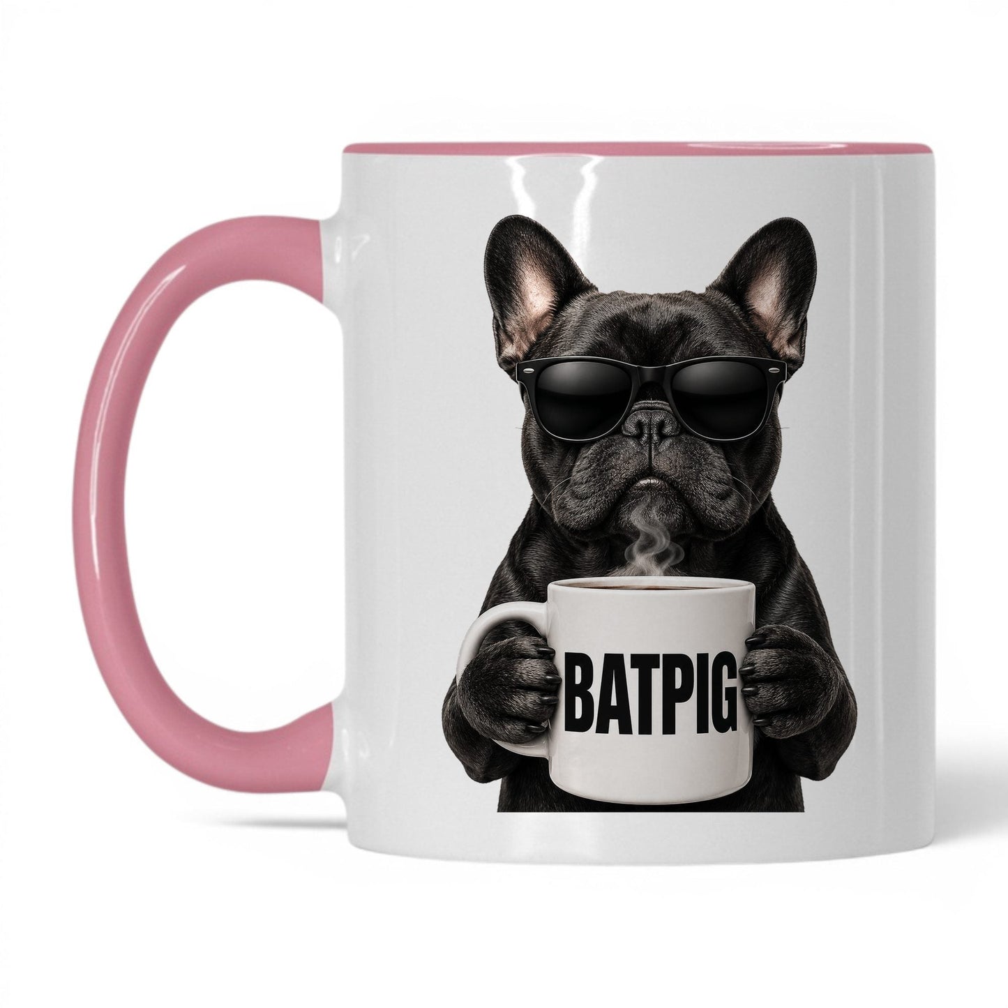 French Bulldog Batpig coffee mug — 11oz White Pink