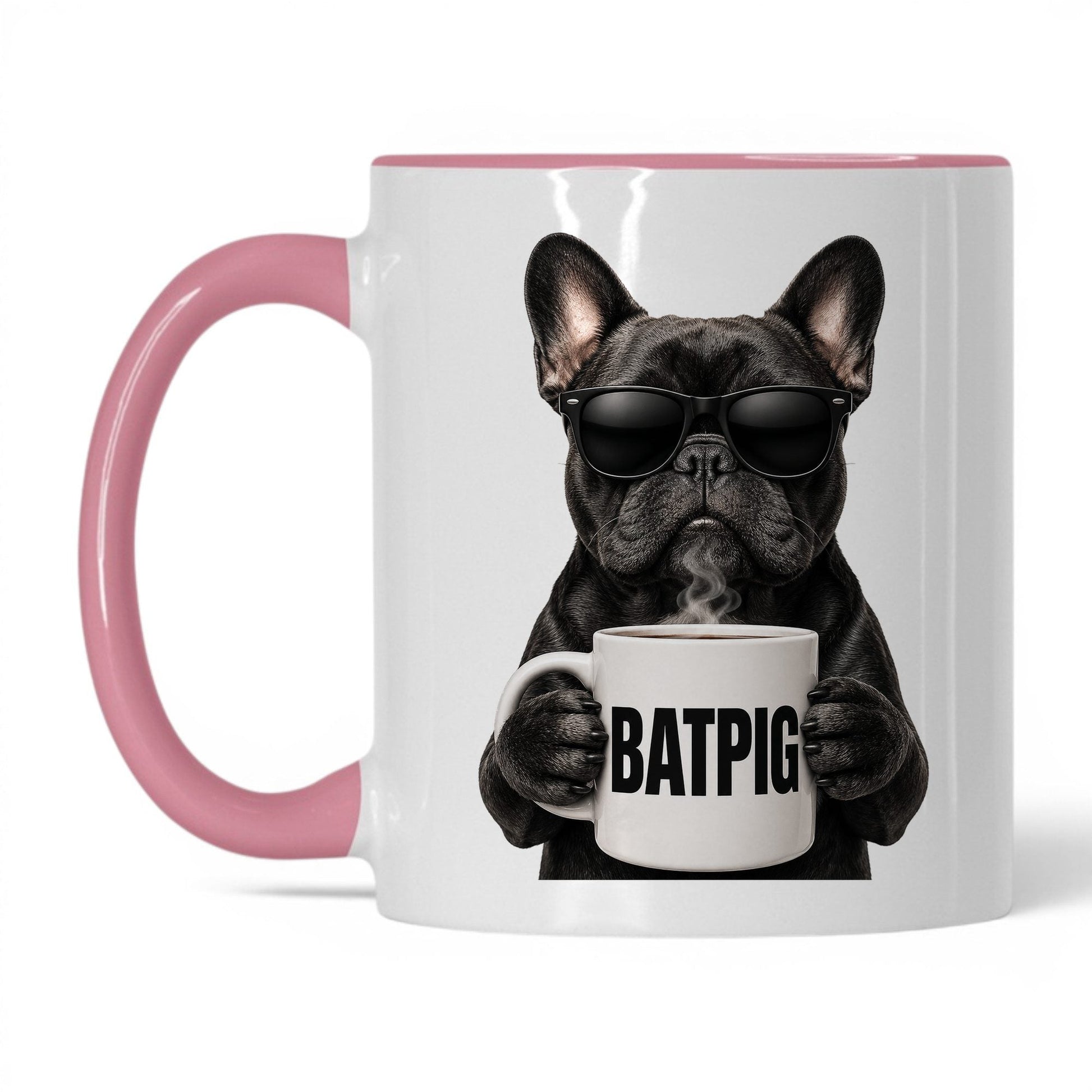 French Bulldog Batpig coffee mug — 11oz White Pink