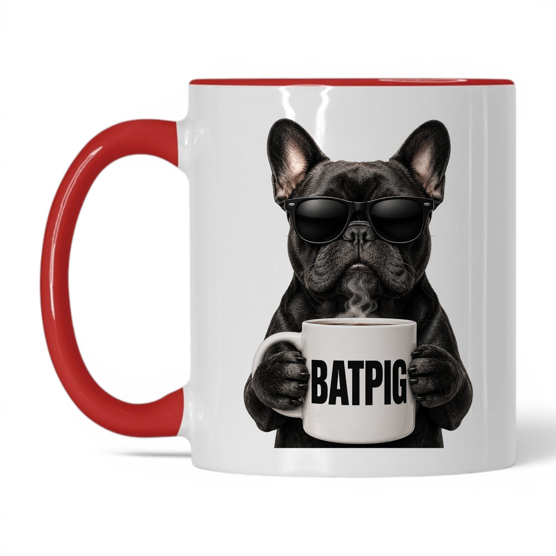 French Bulldog Batpig coffee mug — 11oz White Red
