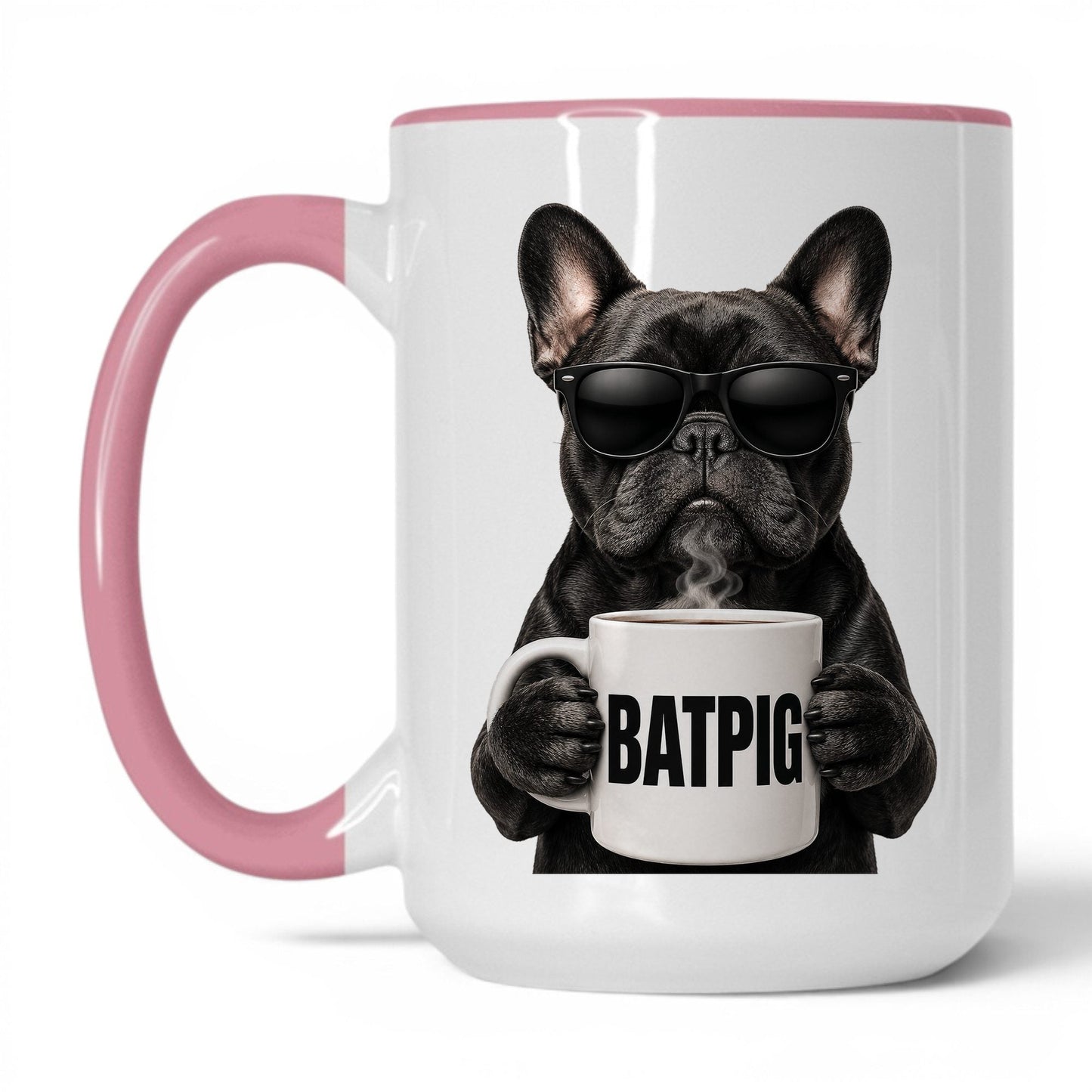 French Bulldog Batpig coffee mug — 15oz White Pink