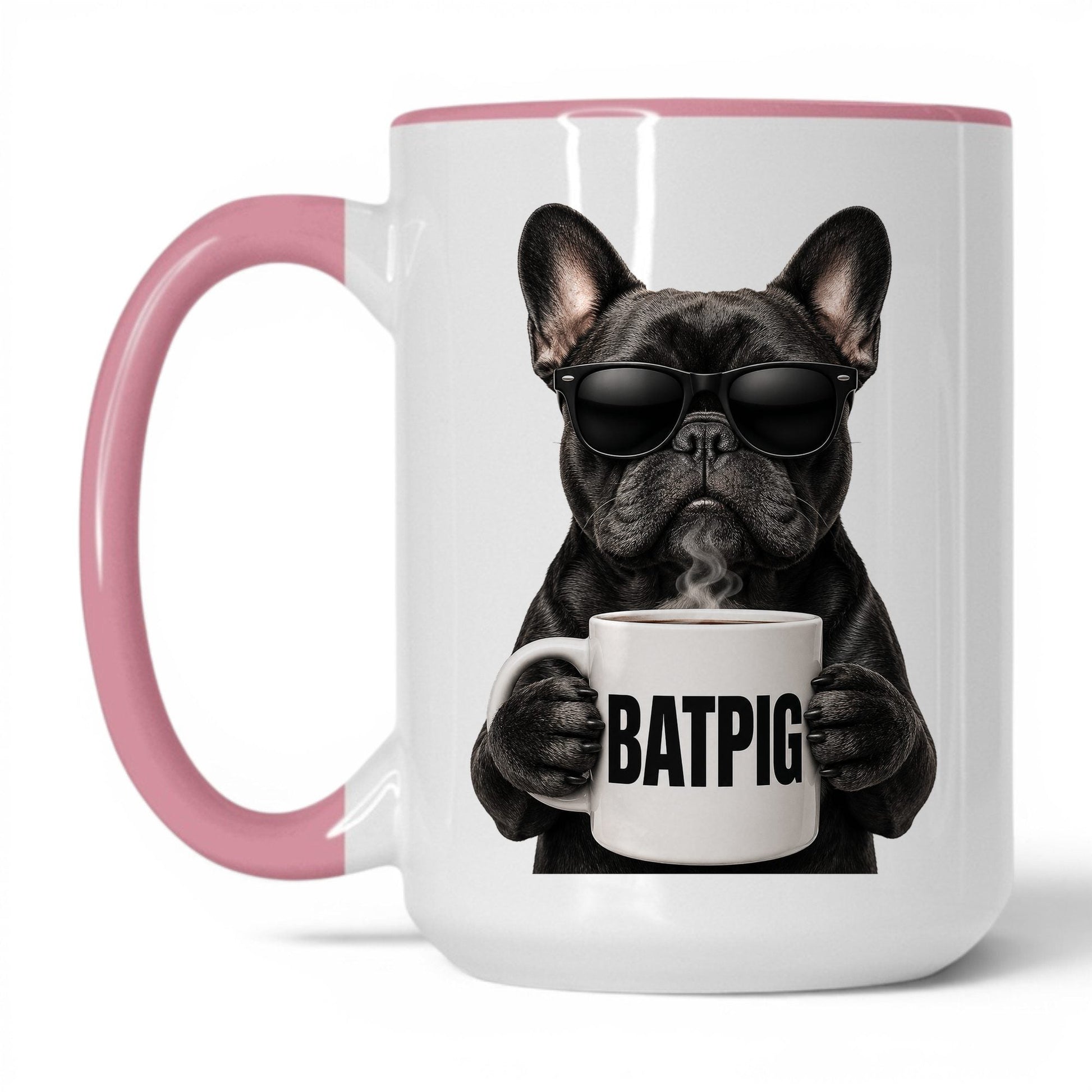 French Bulldog Batpig coffee mug — 15oz White Pink