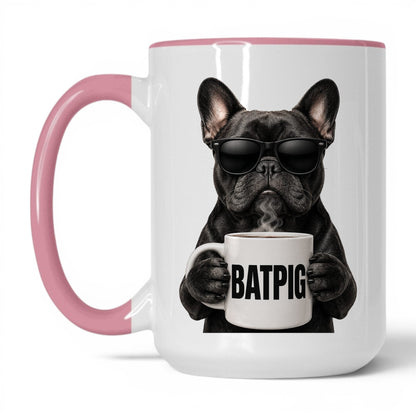 French Bulldog Batpig coffee mug — 15oz White Pink