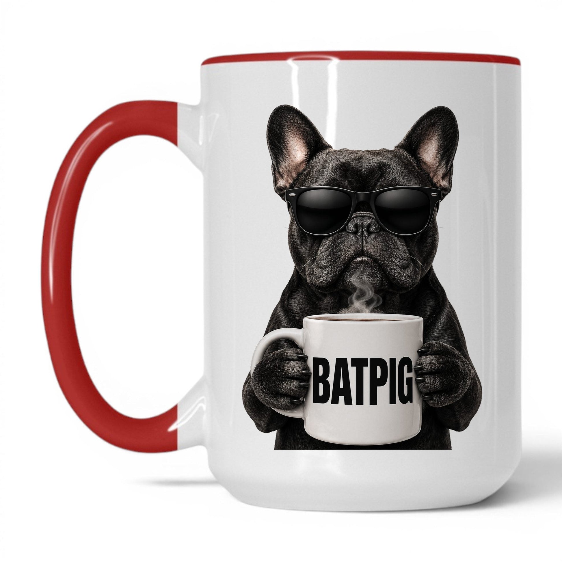 French Bulldog Batpig coffee mug — 15oz White Red