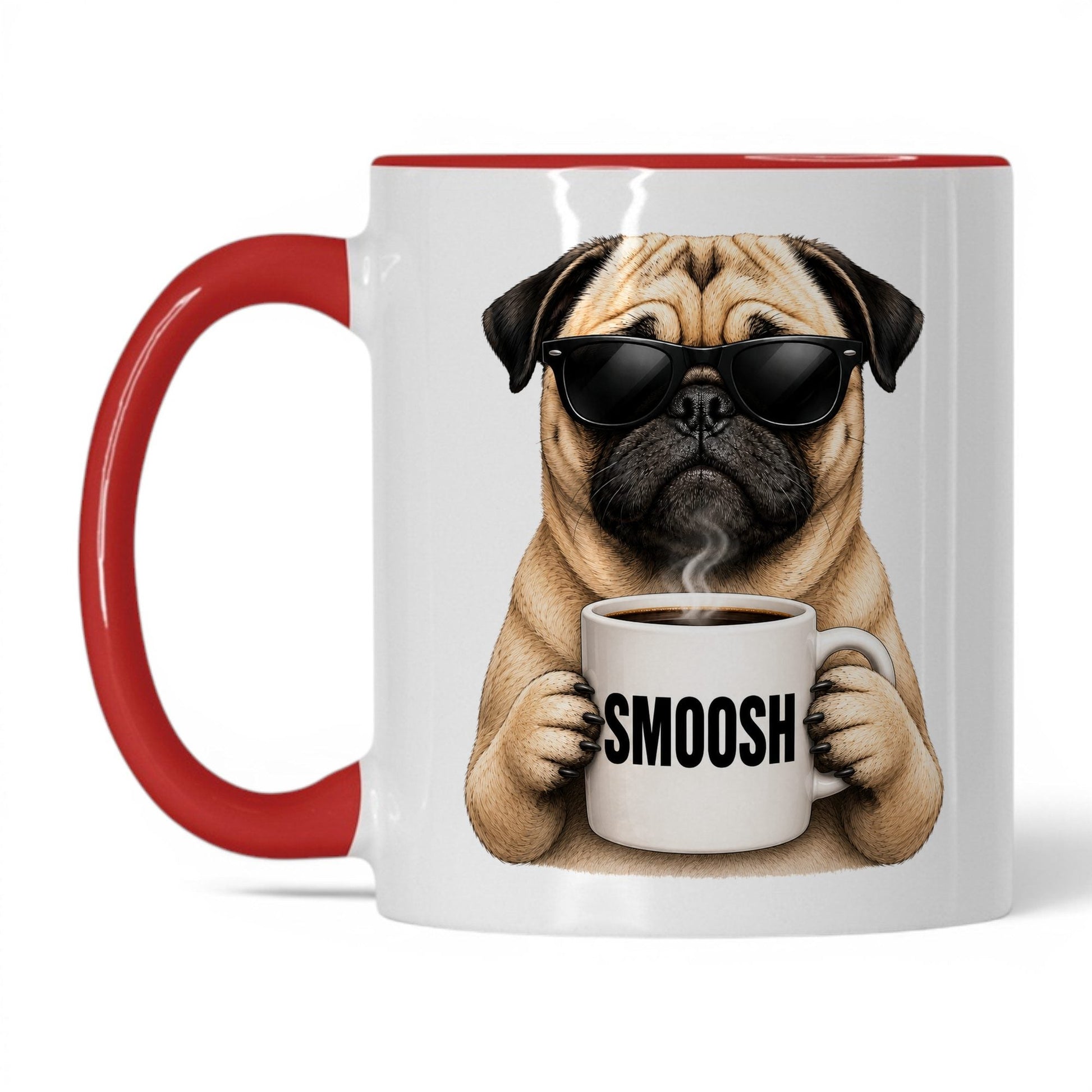 Pug Smoosh coffee mug — 11oz White Red