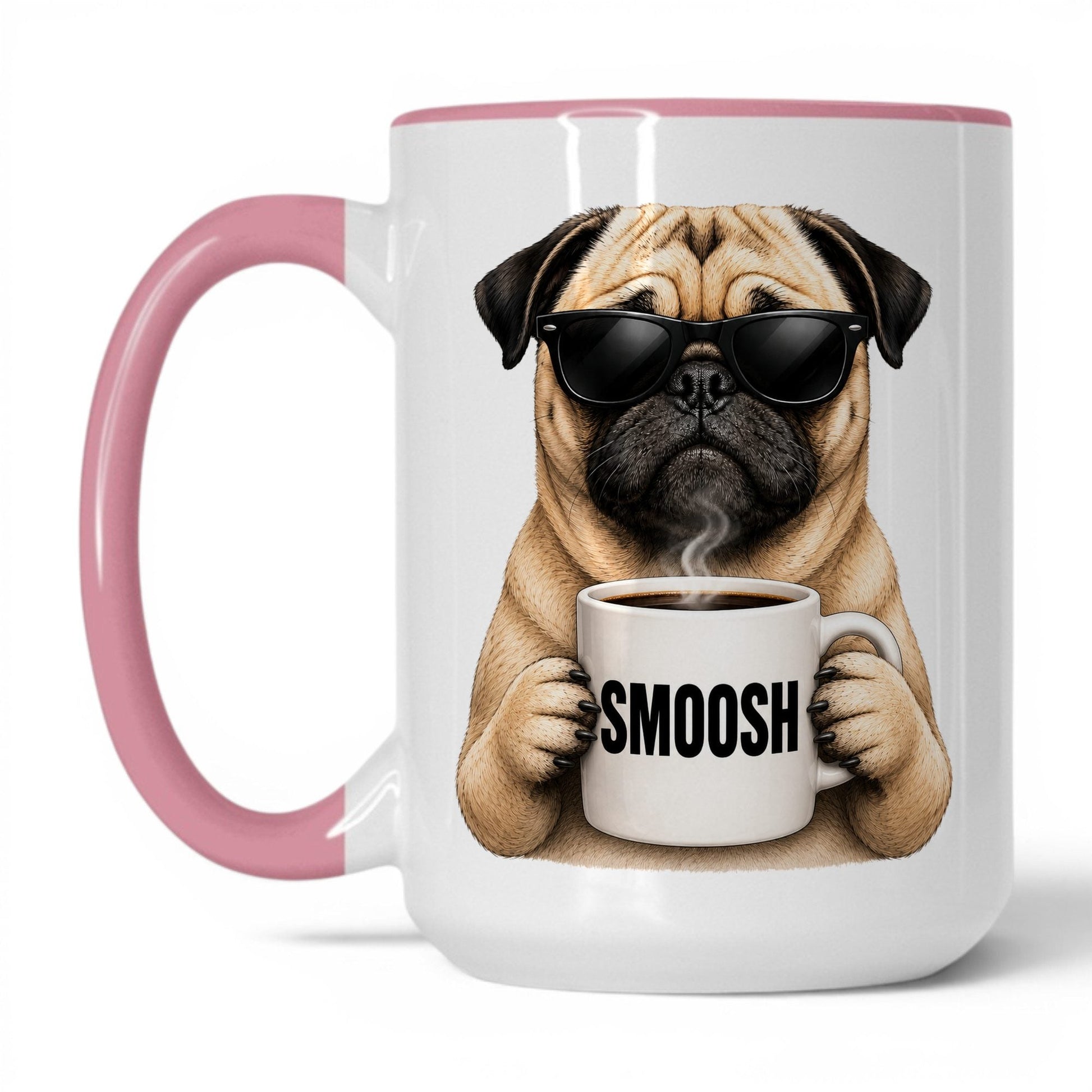Pug Smoosh coffee mug — 15oz White Pink