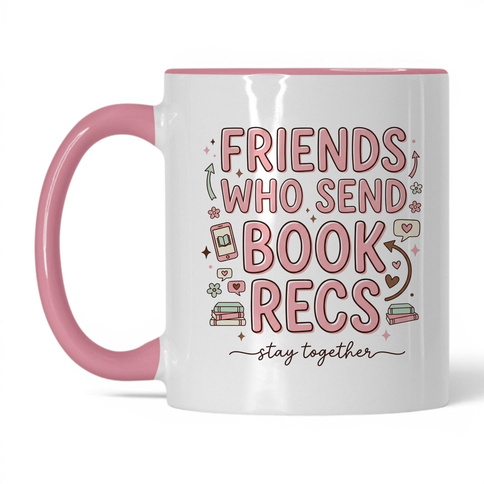 Friends Who Send Book Recs doodle 11oz White Pink coffee mug