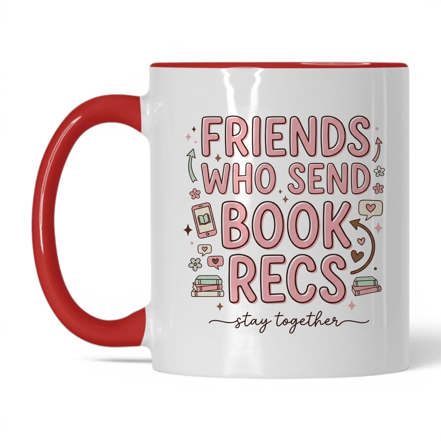 Friends Who Send Book Recs doodle 11oz White Red coffee mug