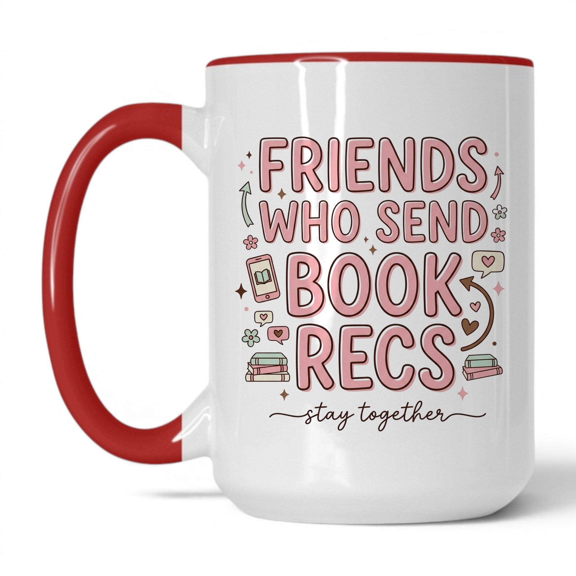 Friends Who Send Book Recs doodle 15oz White Red coffee mug