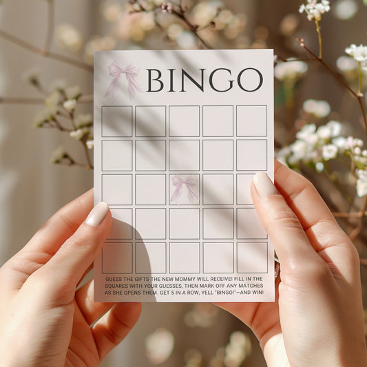 Printable Pink Bow Baby Shower Gift Bingo Game