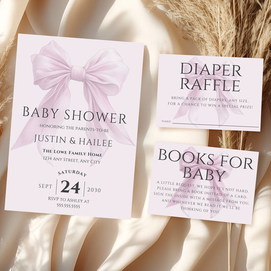 Editable Elegant Pink Bow Baby Shower Invitation Bundle Canva Template