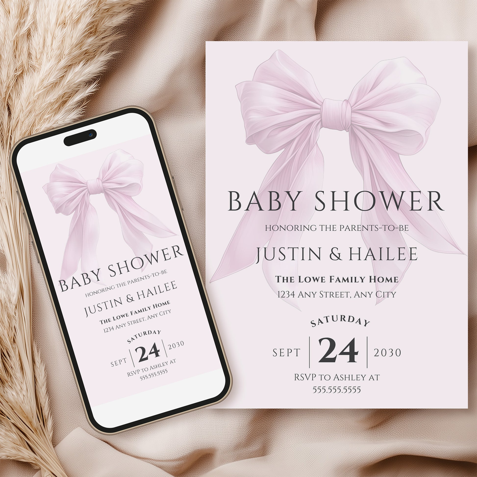 Editable Elegant Pink Bow Baby Shower Invitation Canva Template
