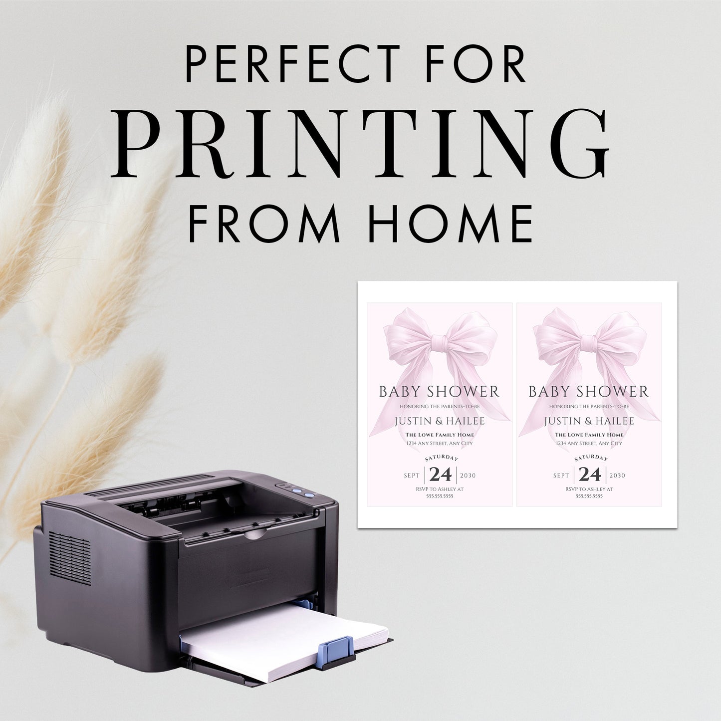 Editable Elegant Pink Bow Baby Shower Invitation Canva Template
