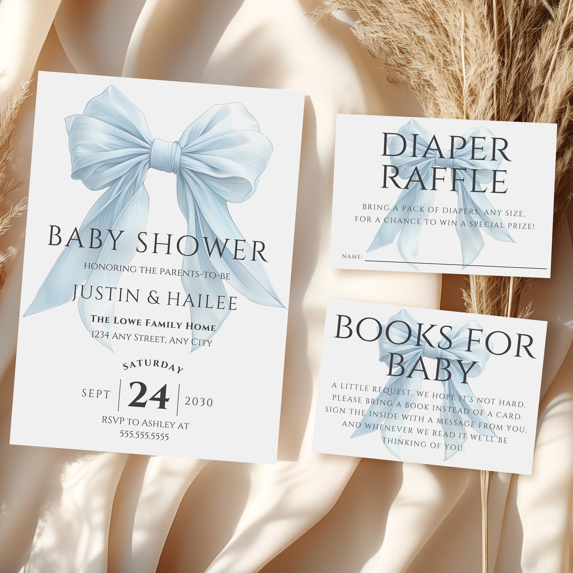 Editable Elegant Blue Bow Baby Shower Invitation Bundle Canva Template