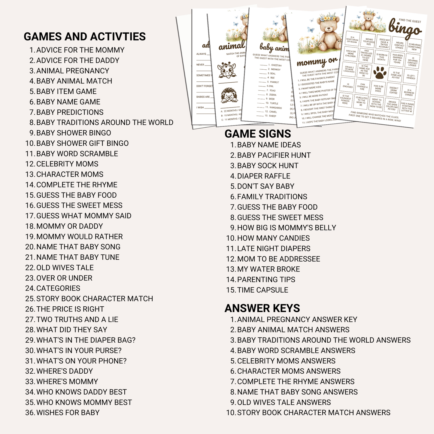 Editable We Can Bearly Wait Baby Shower Game Bundle Canva Template