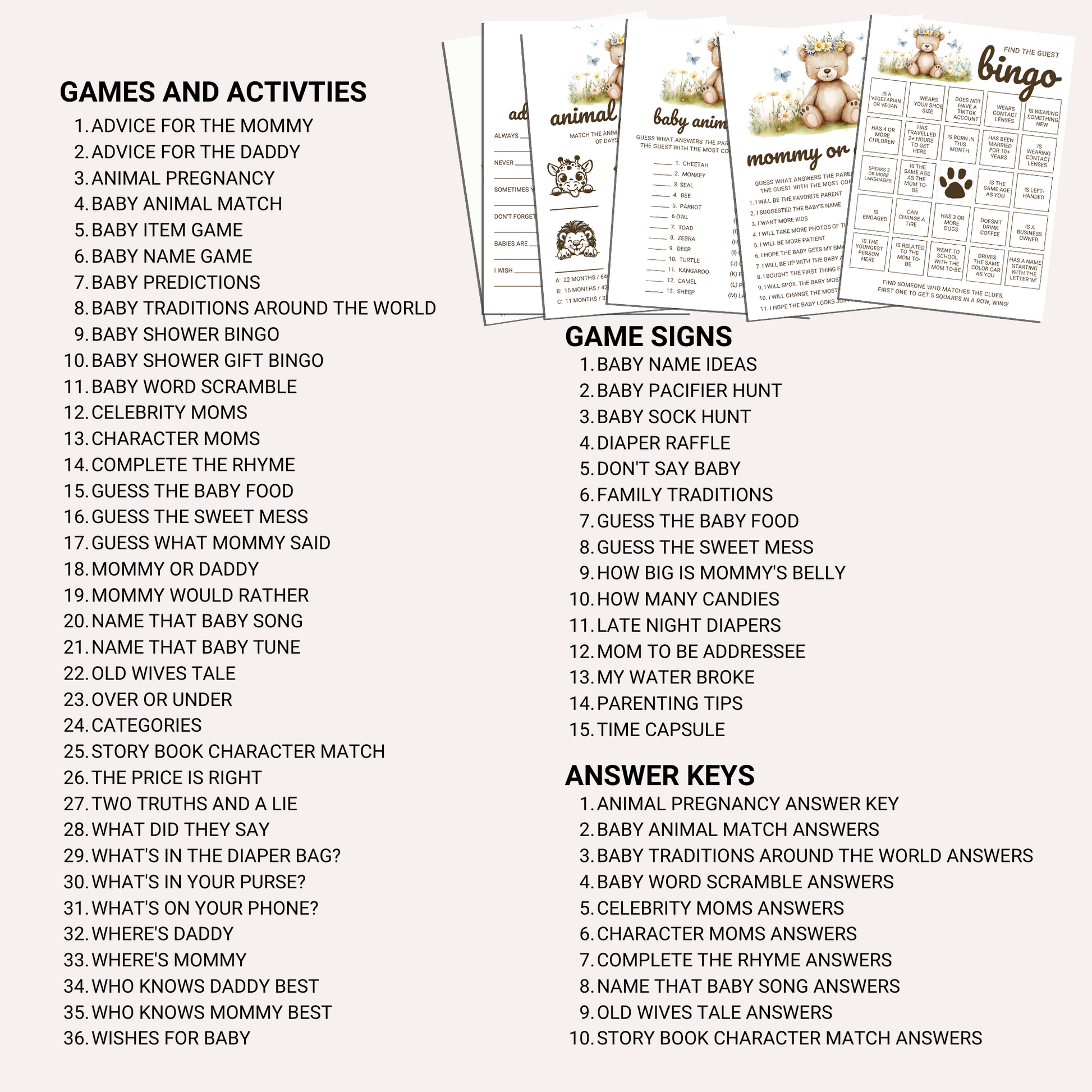 Editable We Can Bearly Wait Baby Shower Game Bundle Canva Template