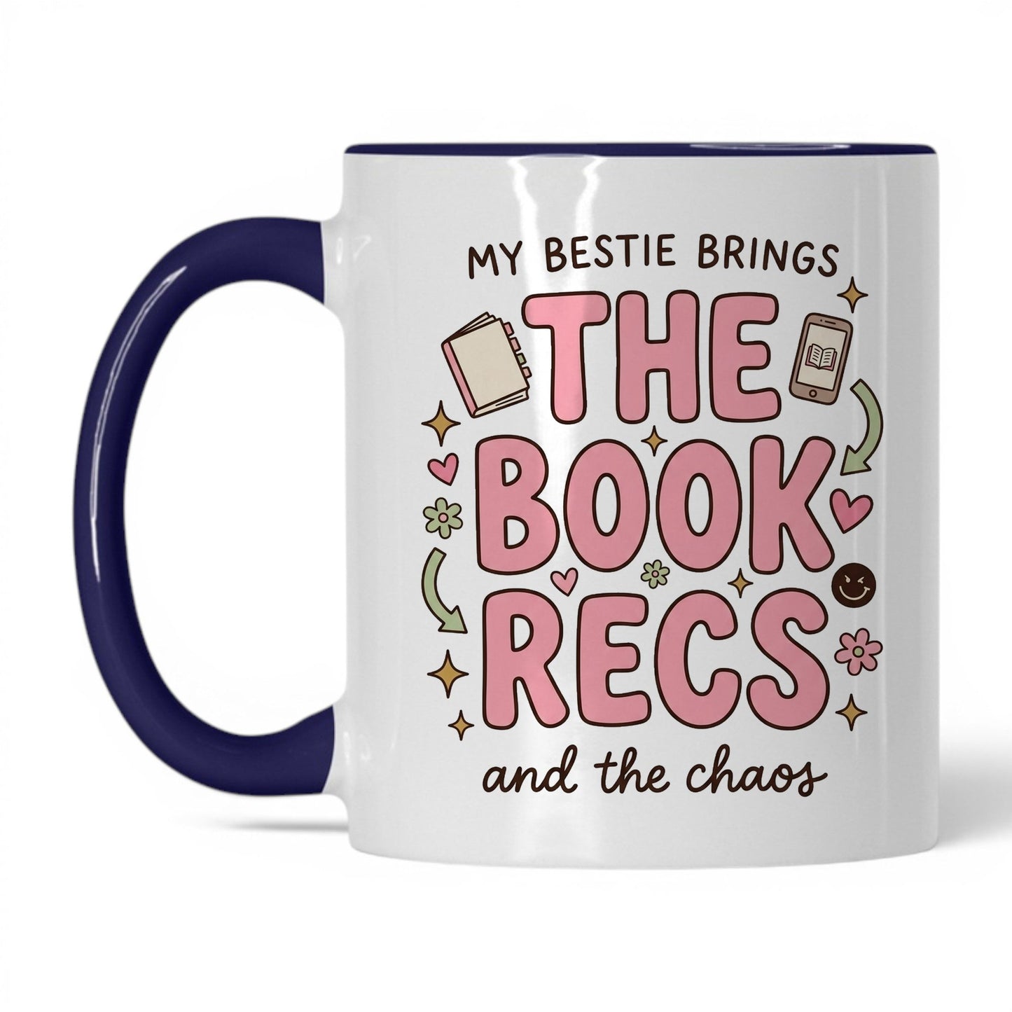 My Bestie Brings the Book Recs doodle 11oz White Midnight Blue coffee mug