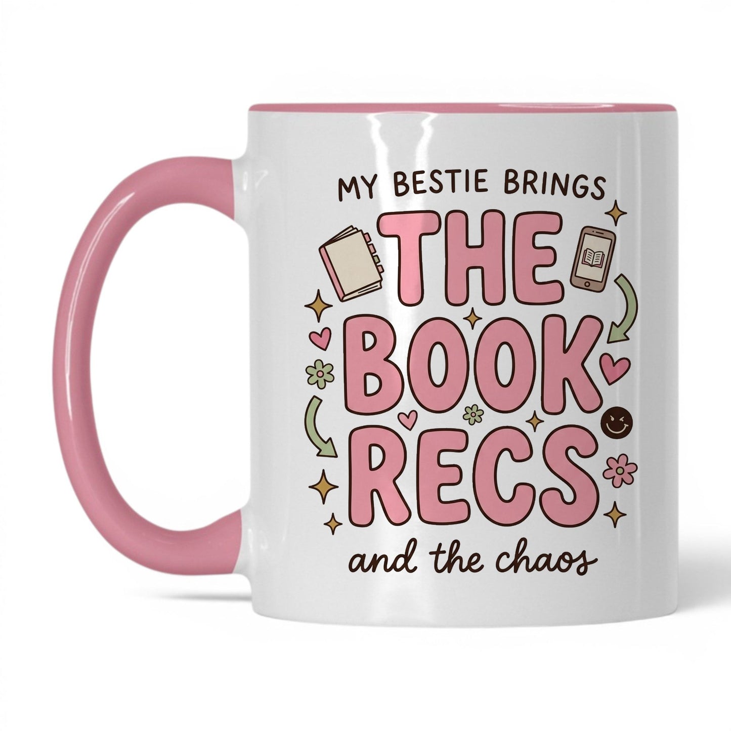 My Bestie Brings the Book Recs doodle 11oz White Pink coffee mug