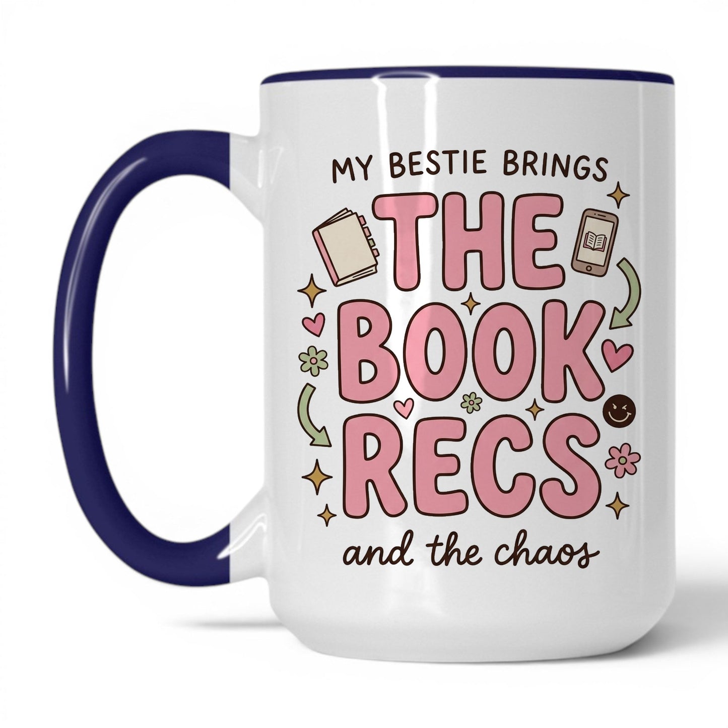 My Bestie Brings the Book Recs doodle 15oz White Midnight Blue coffee mug