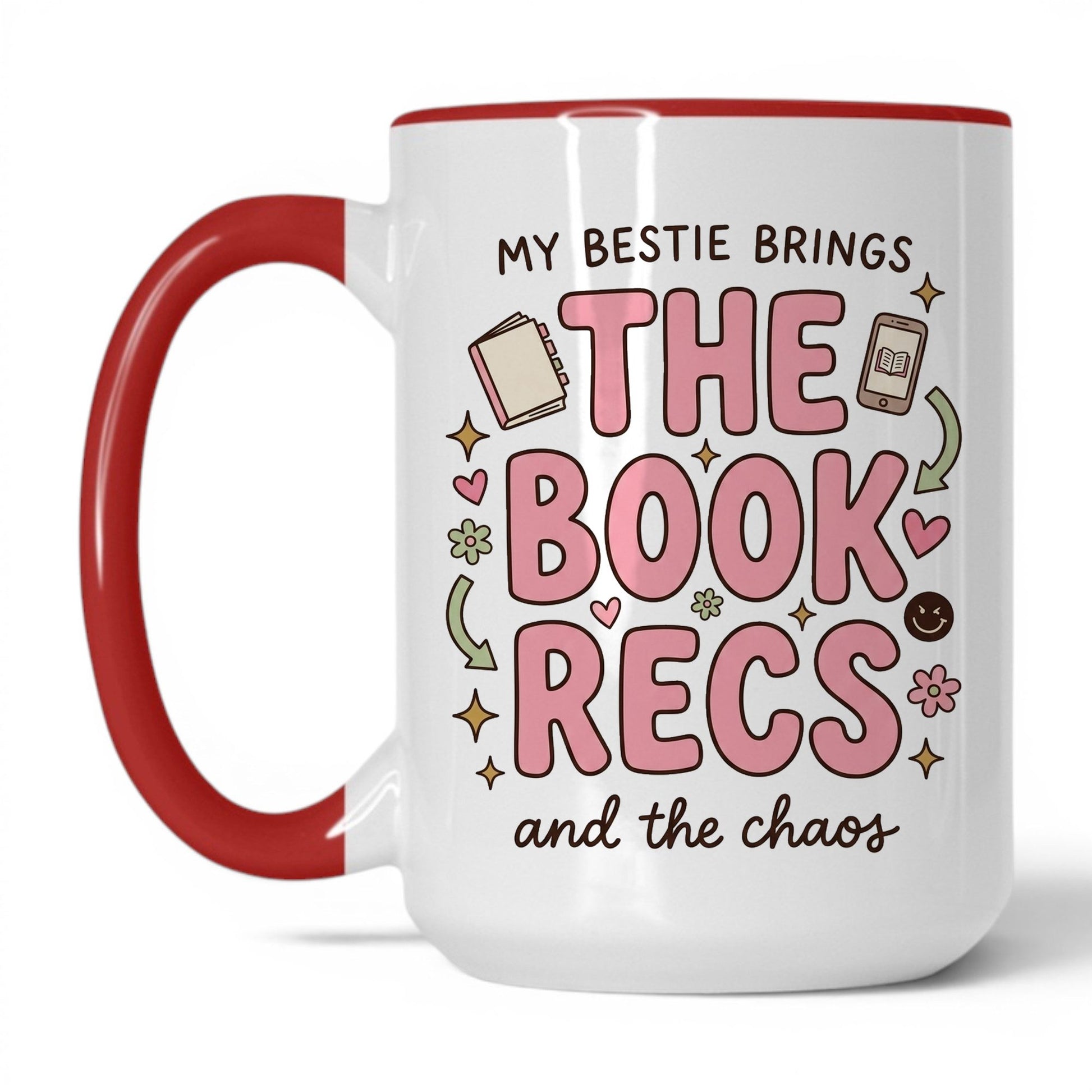 My Bestie Brings the Book Recs doodle 15oz White Red coffee mug