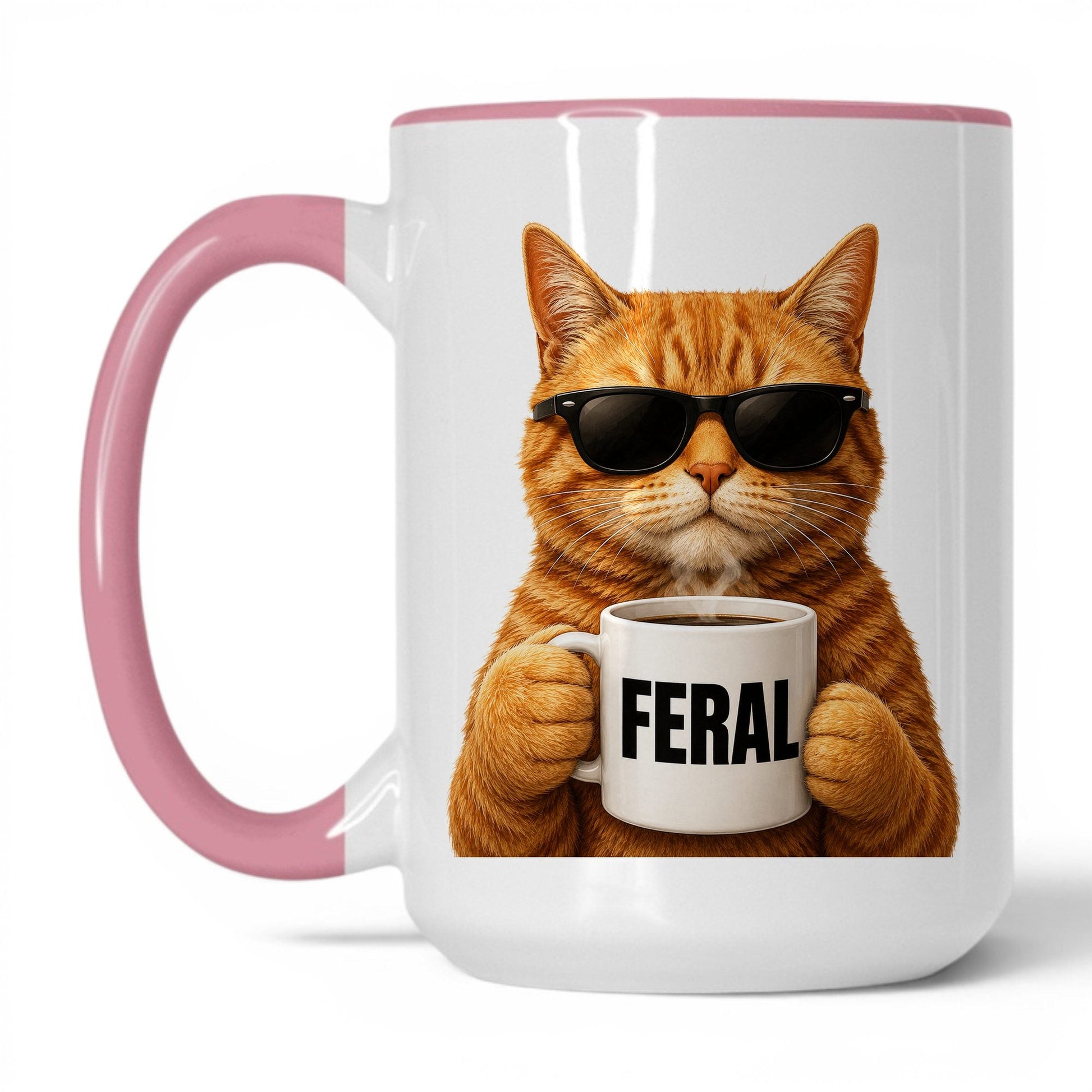 Orange Cat Feral coffee mug — 15oz White Pink