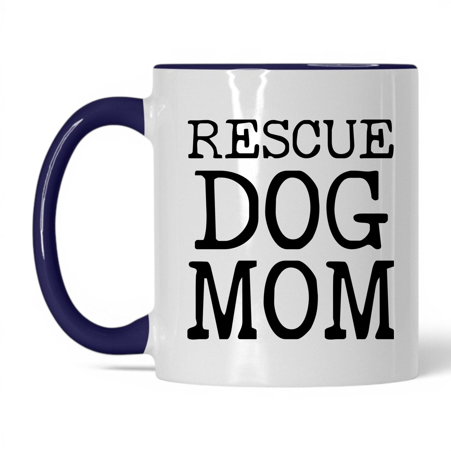 Rescue Dog Mom 11oz white and midnight blue coffee mug