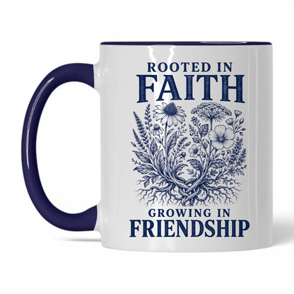 Rooted in Faith, Growing in Friendship 11oz White Midnight Blue coffee mug