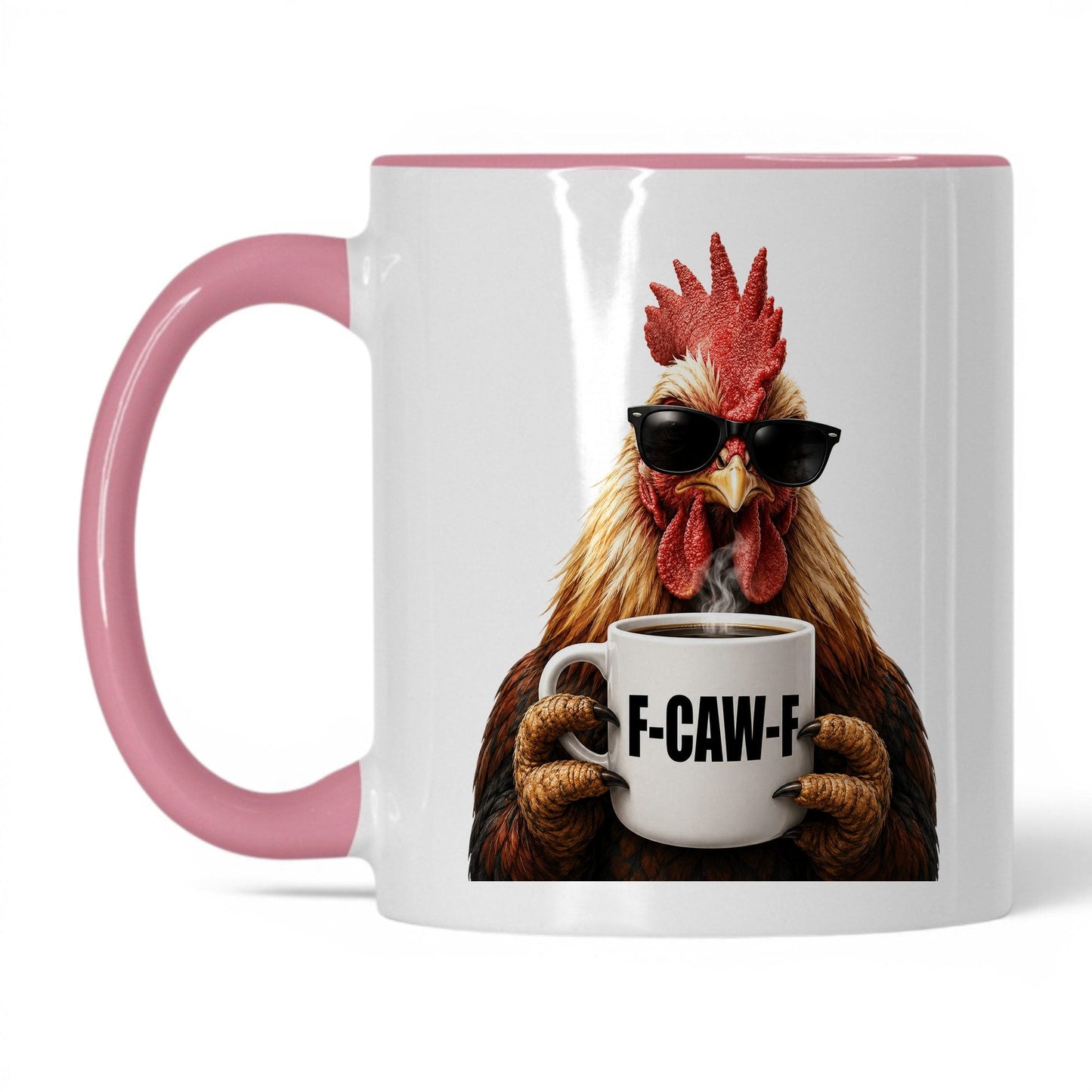 Rooster F-Caw-F coffee mug — 11oz White Pink