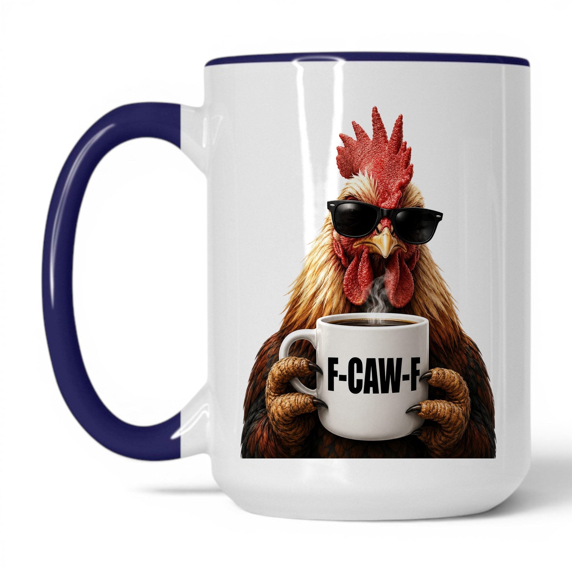 Rooster F-Caw-F coffee mug — 15oz White Midnight Blue