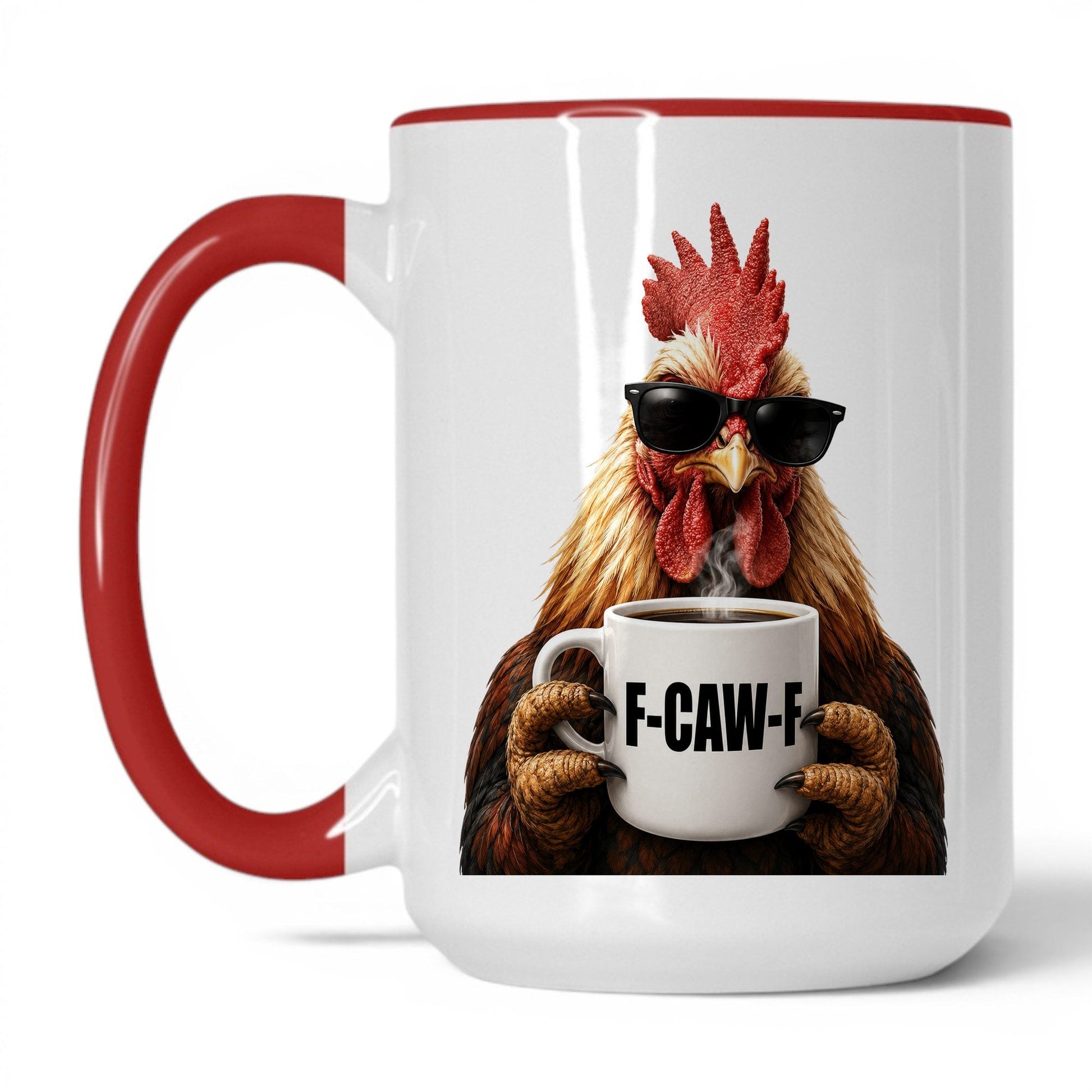 Rooster F-Caw-F coffee mug — 15oz White Red