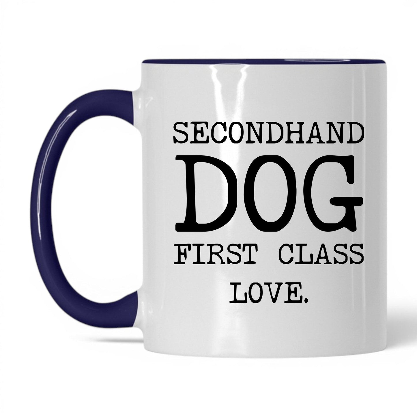 Secondhand Dog First Class Love 11oz white and midnight blue coffee mug
