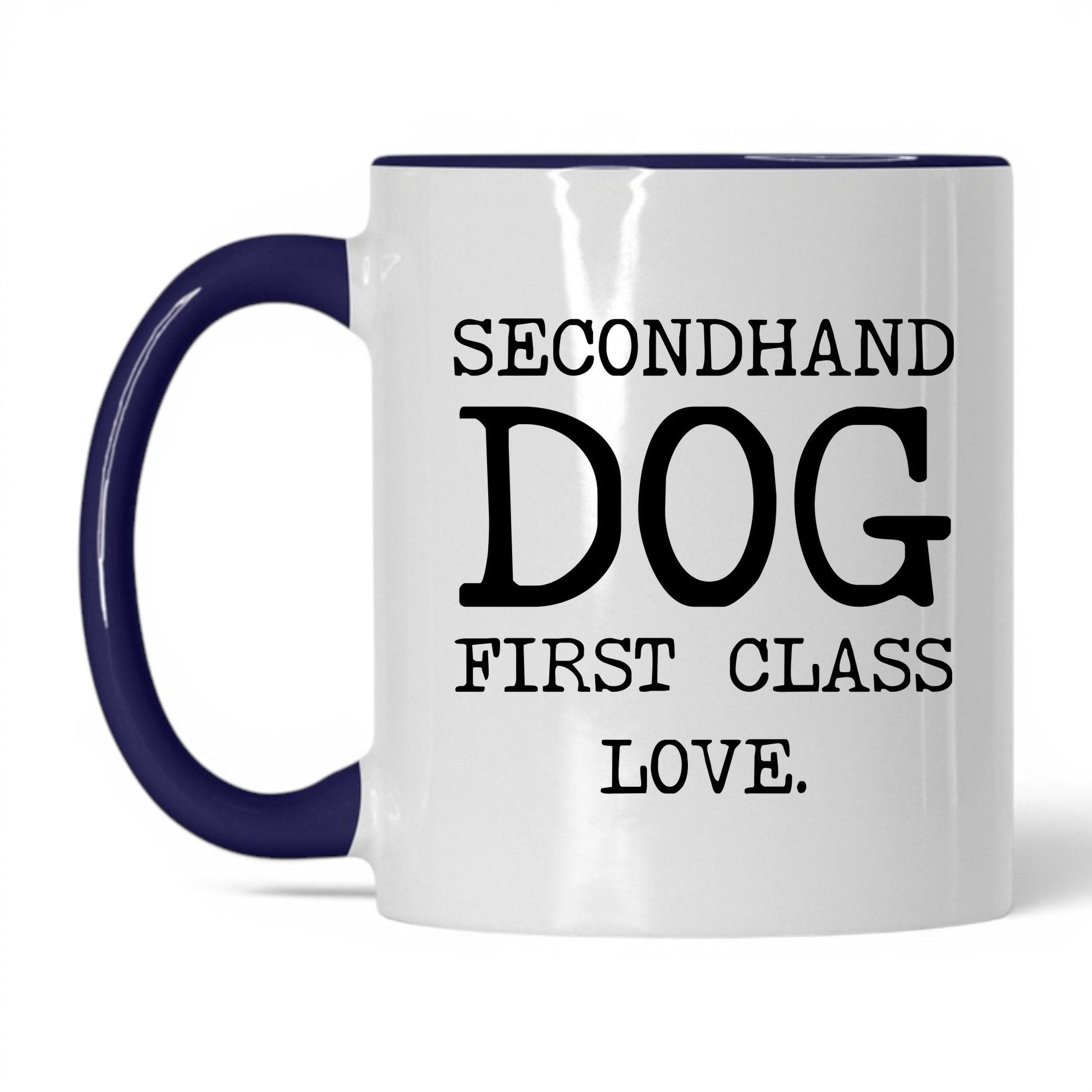Secondhand Dog First Class Love 11oz white and midnight blue coffee mug