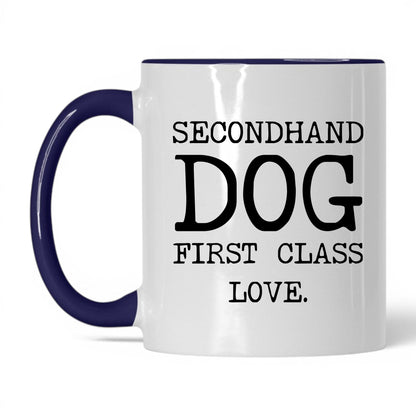 Secondhand Dog First Class Love 11oz white and midnight blue coffee mug