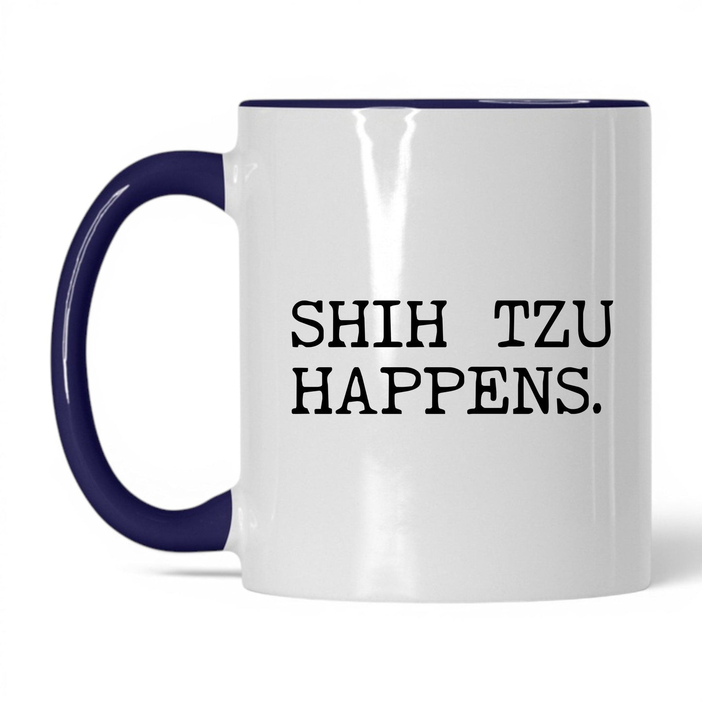 Shih Tzu Happens 11oz white and midnight blue coffee mug