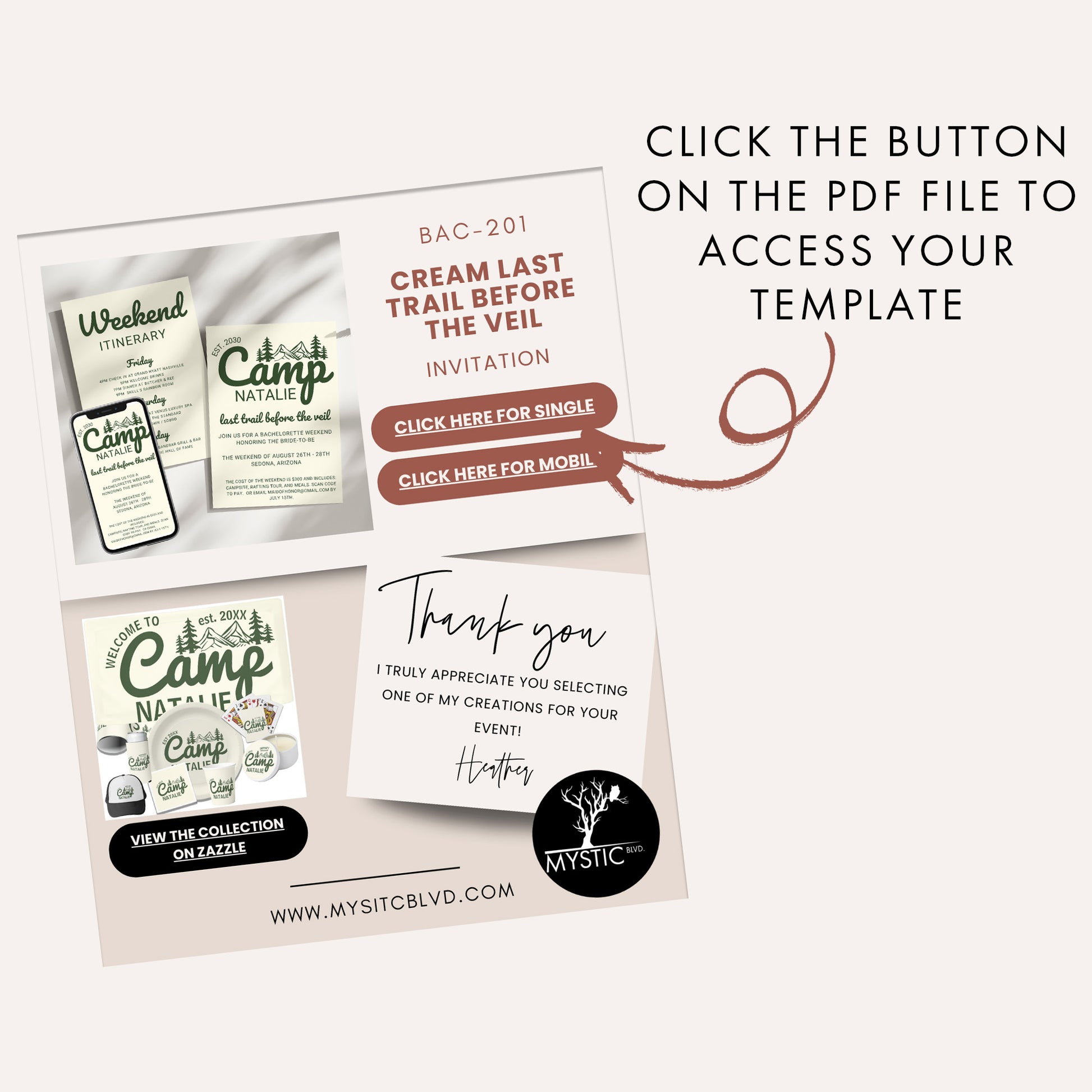 Editable Cream Camp Bachelorette Invitation Canva Template