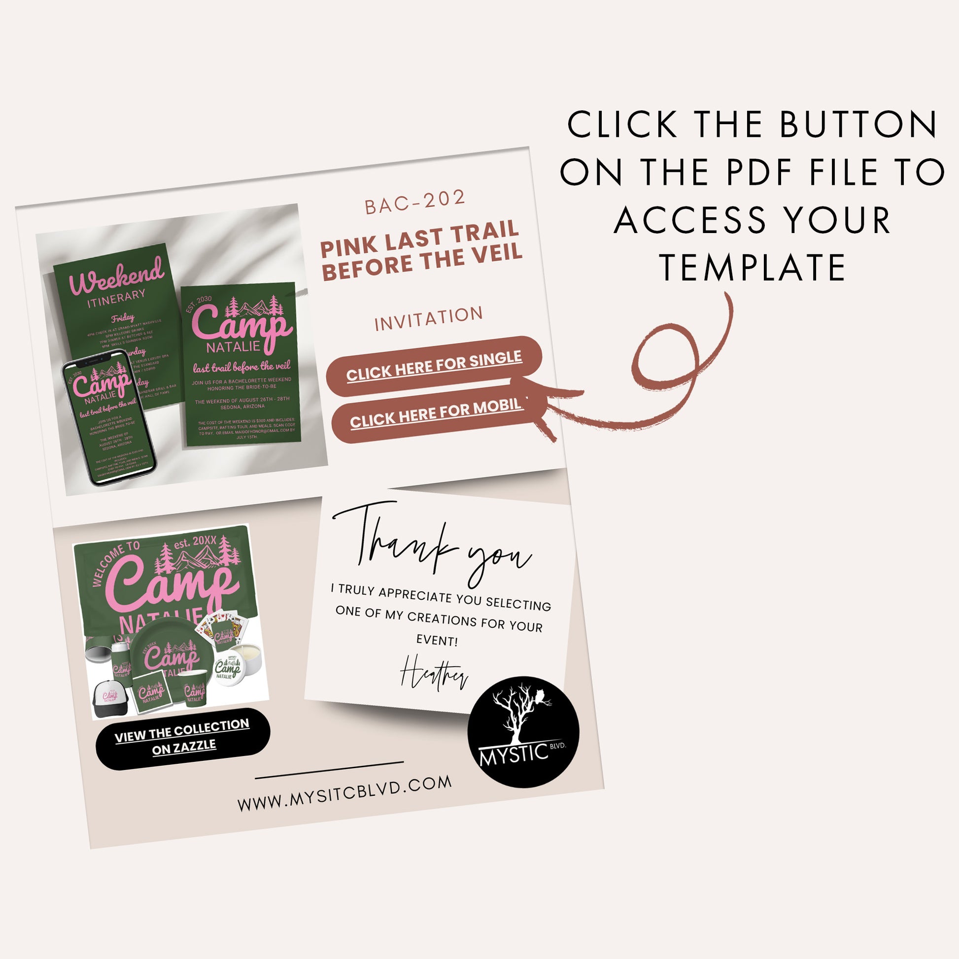 Editable Pink Camp Bachelorette Invitation Canva Template