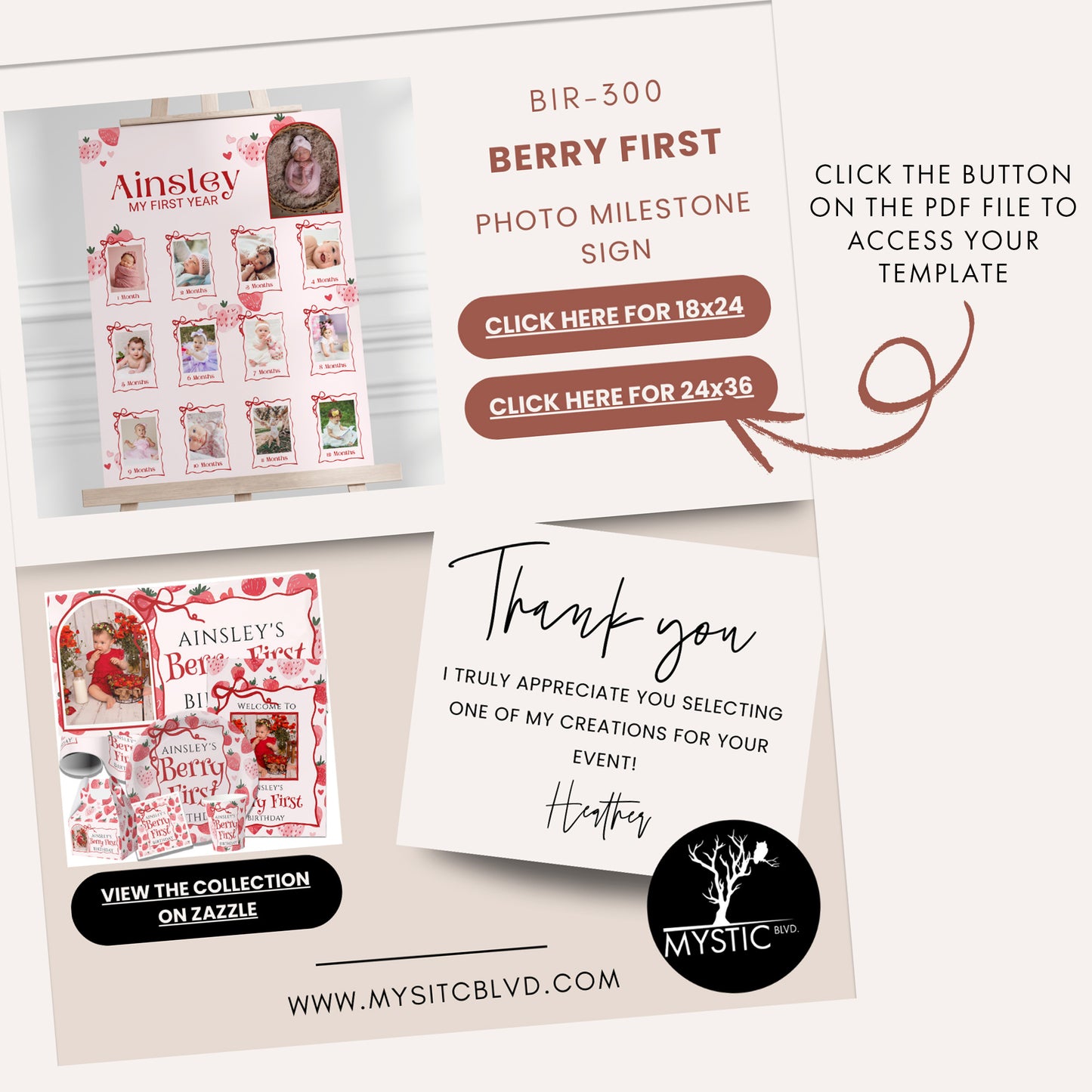 Editable Berry First 1st Birthday Milestone Sign Canva Template