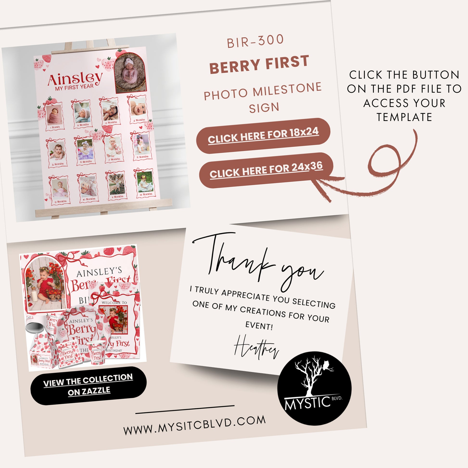 Editable Berry First 1st Birthday Milestone Sign Canva Template