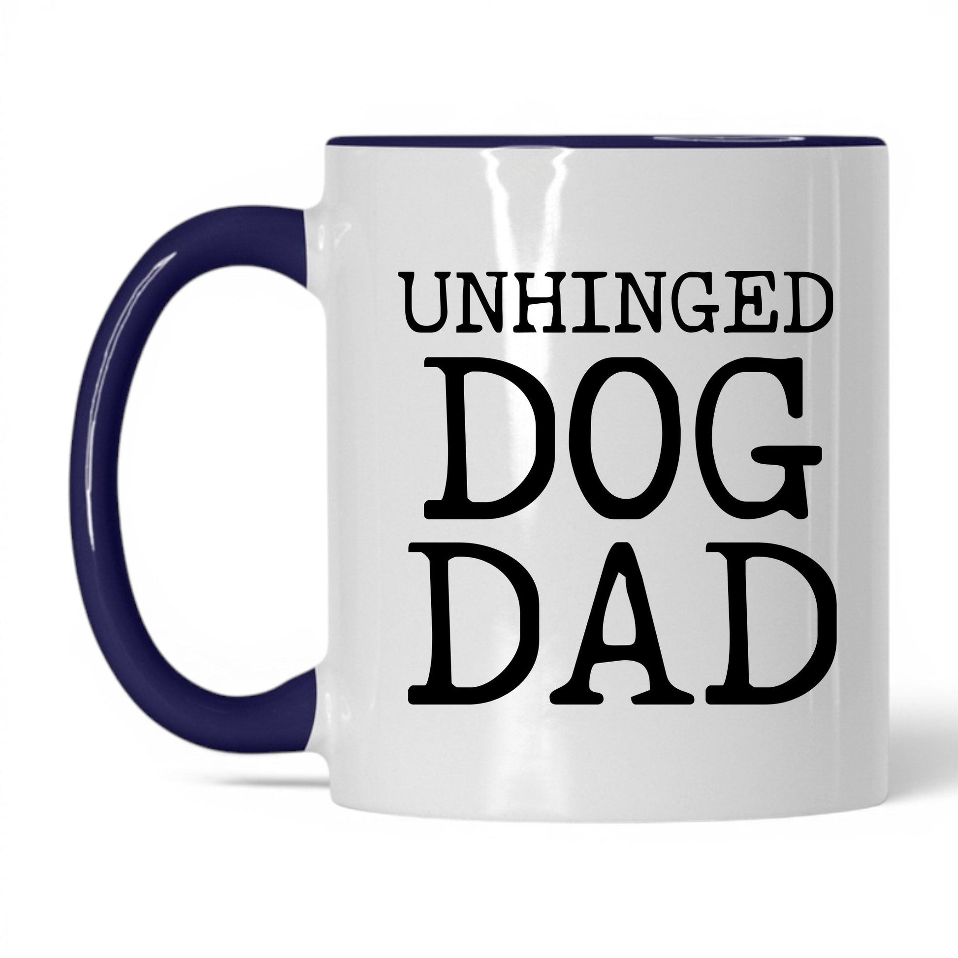 Unhinged Dog Dad 11oz white and midnight blue coffee mug