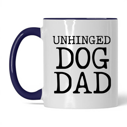 Unhinged Dog Dad 11oz white and midnight blue coffee mug