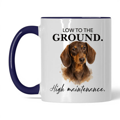 Low to the Ground. High Maintenance — 11oz White Midnight Blue coffee mug