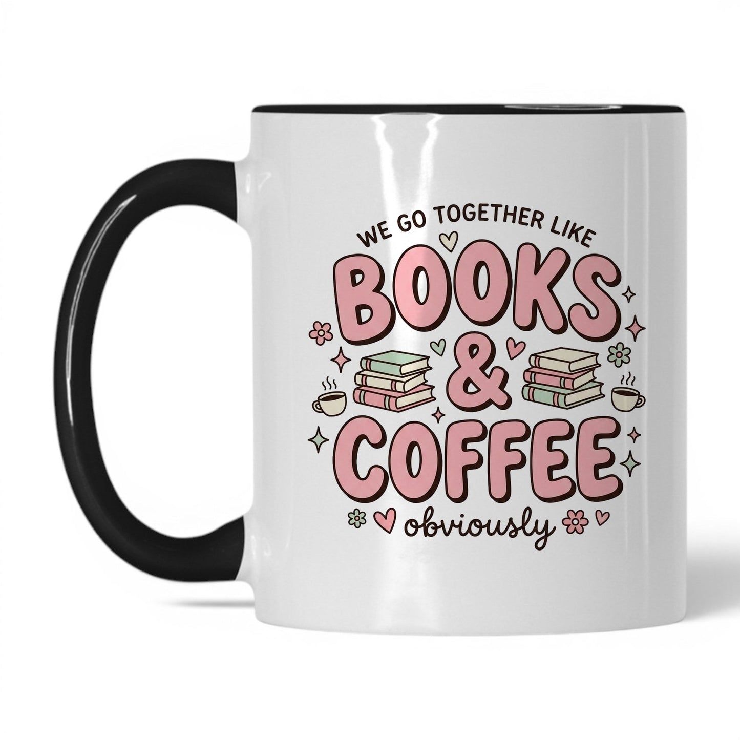 We Go Together Like Books & Coffee doodle 11oz White Black coffee mug