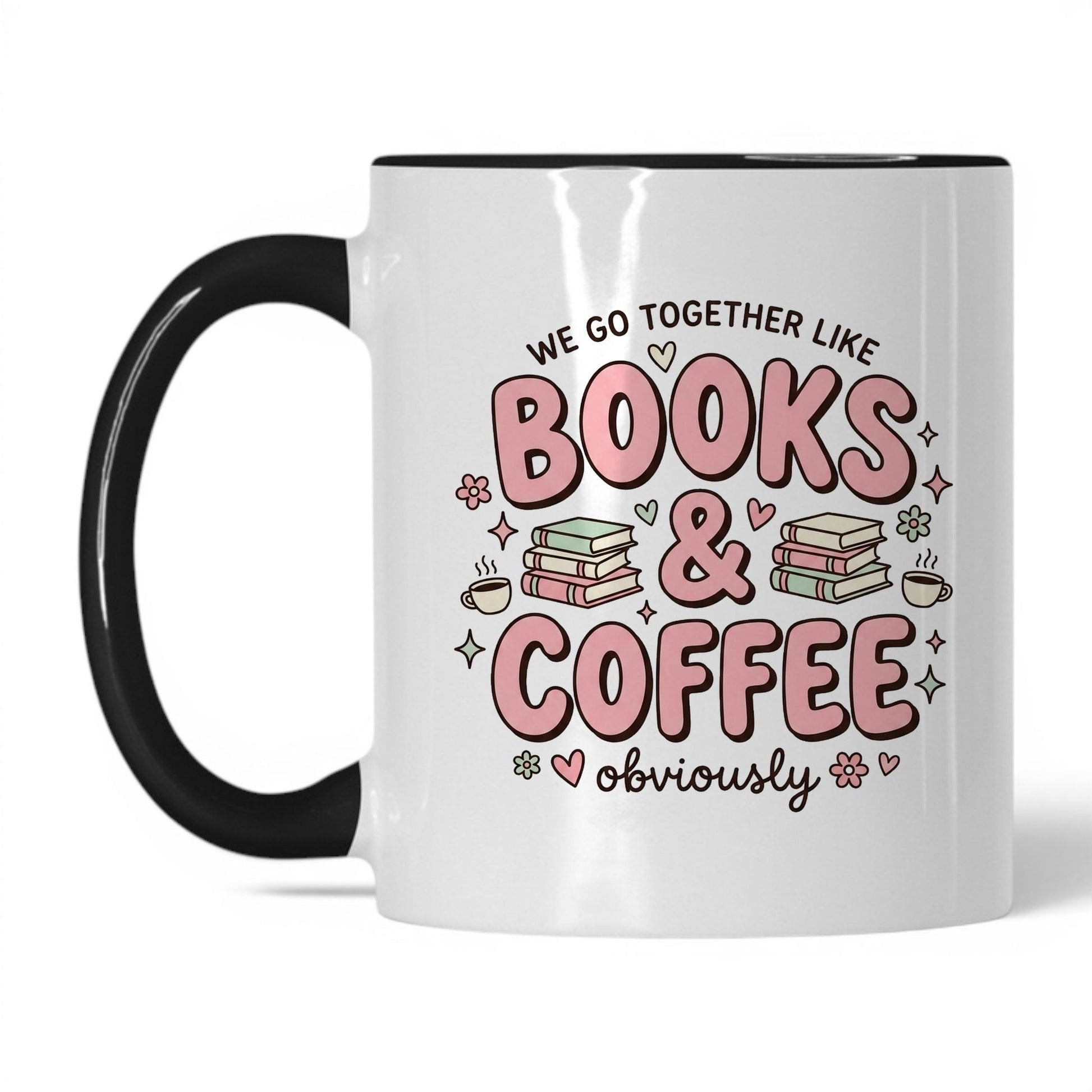 We Go Together Like Books & Coffee doodle 11oz White Black coffee mug