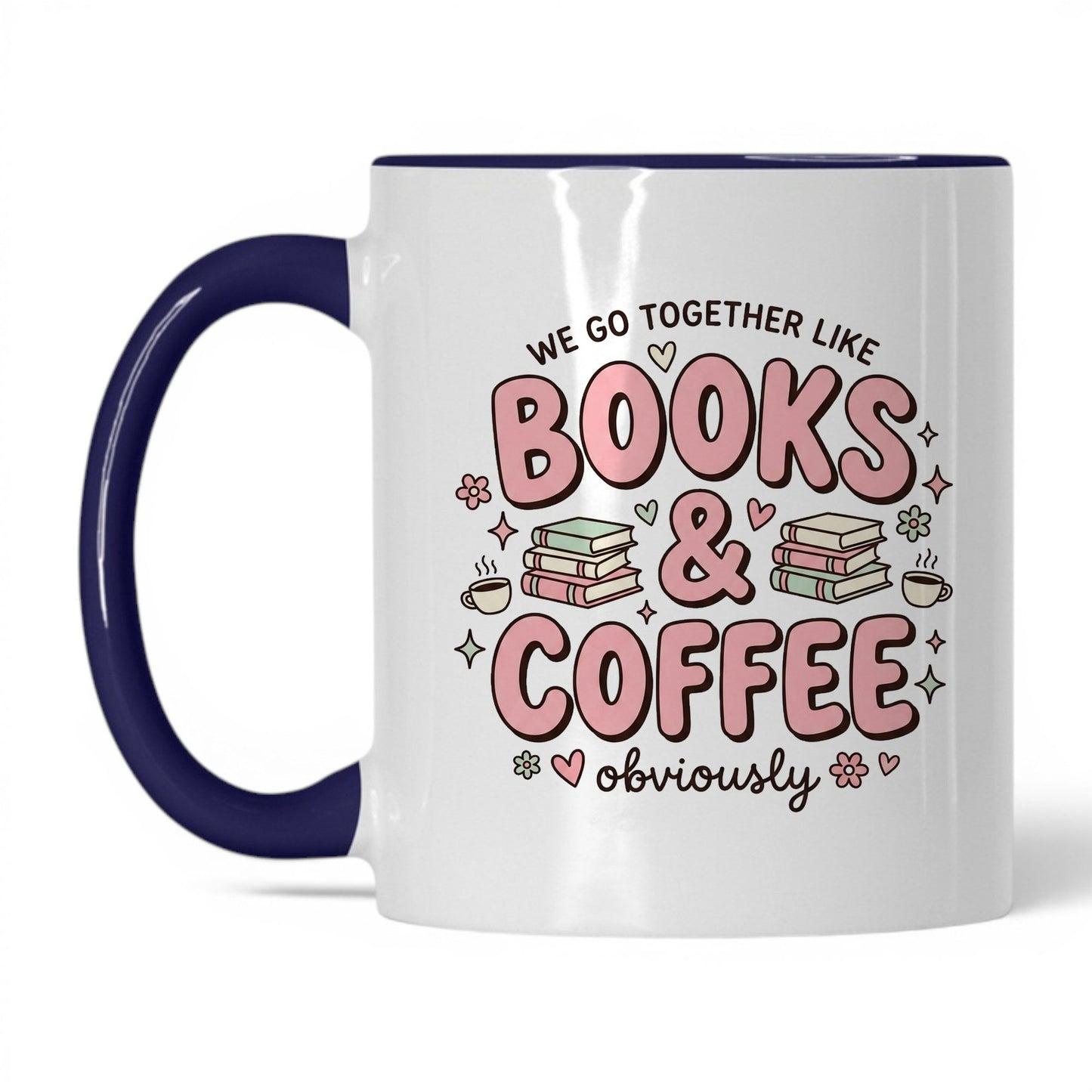 We Go Together Like Books & Coffee doodle 11oz White Midnight Blue coffee mug